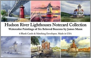 Juego de tarjetas de notas de los faros del río Hudson. Acuarelas James Mann de 6 luces de Nueva York - Imagen 1 de 8