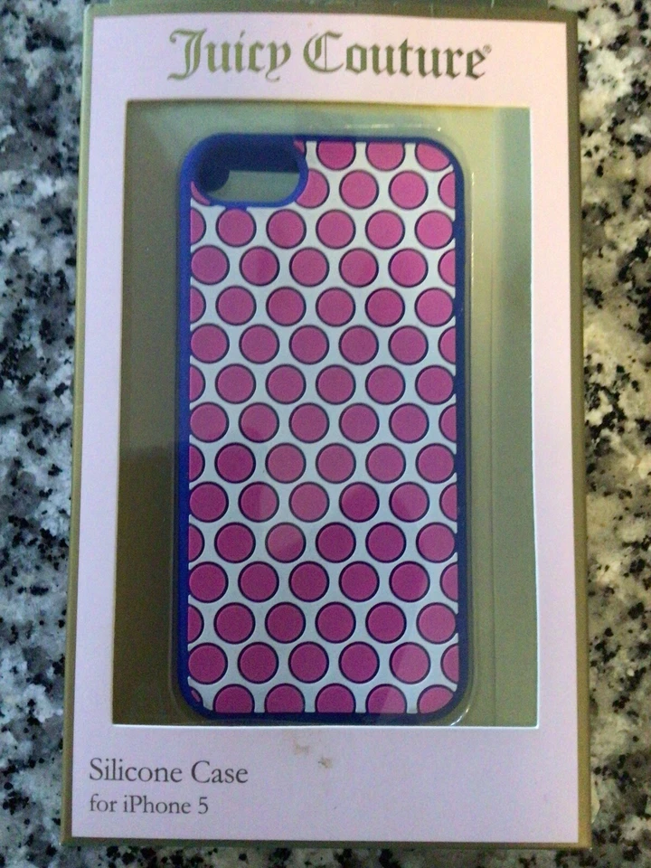 NUEVA FUNDA DE SILICONA JUICY COUTURE AZUL, BLANCO Y ROSA LUNARES para iPHONE 5 Foto 1 de 4