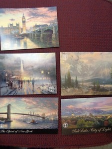 Thomas Kinkade Postcards London,Alaska,Boston,New York,Salt Lake City (5)cards