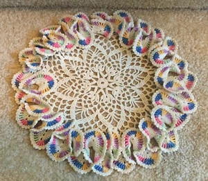 10 1/2" Hand Crocheted Round Looped Doily Variegated Pastels & White FREE SHIP - Picture 1 of 8