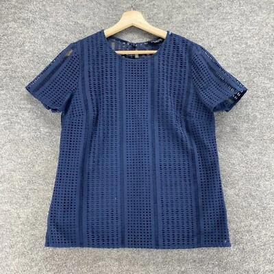 Banana Republic Blouse Women M Medium Blue Geometric Crochet Lined Short Sleeve - Image 1 of 4