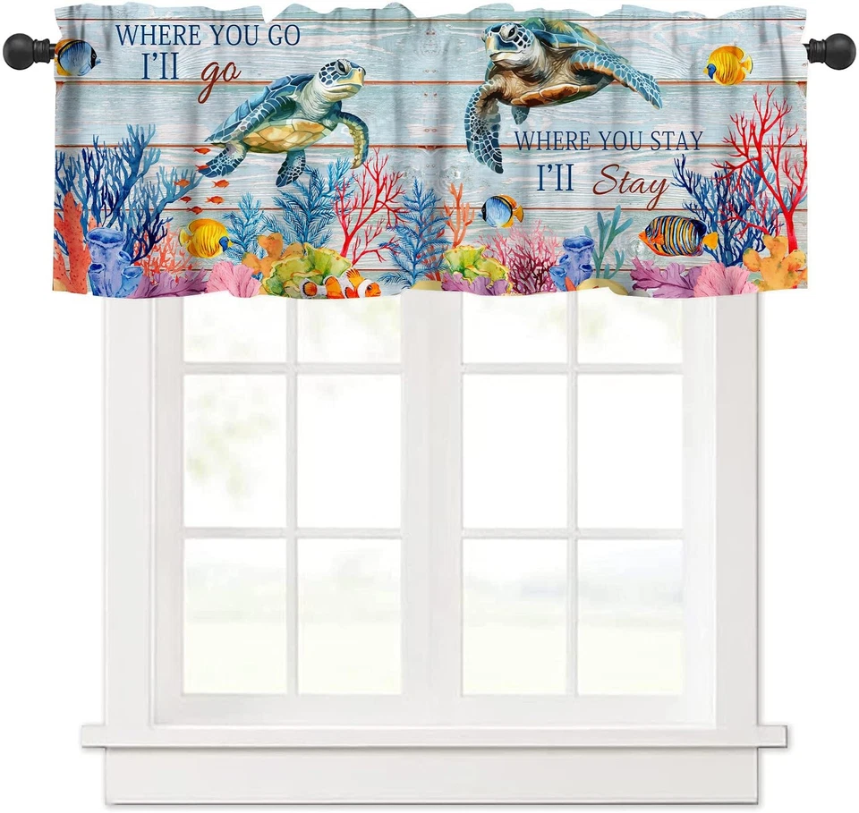 Cortina Cenefa Tortuga Océano, Panel De Madera De Colección Estrella de Mar Náutica Coral Ella... Foto 1 de 4