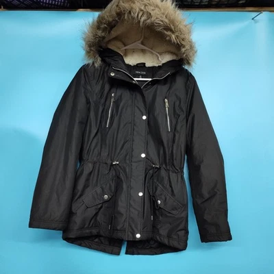 Chaqueta New Look Parka Mujer (M) Negra Cremallera Capucha Piel Sintética Forro Acolchado Puffer Foto 1 de 4