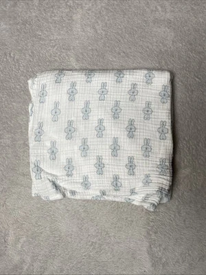 Manta bebé muselina blanca conejito azul conejo envoltura algodón suave seguridad Lovey Foto 1 de 3