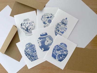 Juego de 6 tarjetas de notas en blanco con sobres, ilustración de acuarela Chinoiserie A2 Foto 1 de 4