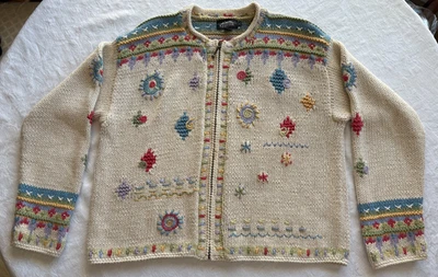 Cárdigan de mujer diseño islandés cremallera completa marfil/floral rama-algodón/suave talla L usado en excelente estado Foto 1 de 4
