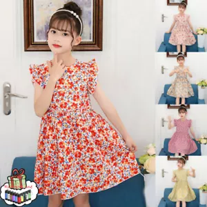 Summer Girls Dress O Neck Short Fly Sleeve Sundress Casual Beach Floral Dress - Picture 1 of 22