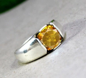 Solid 925 Sterling Silver Lab Grown Yellow Citrine Cushion Gemstone Men's Ring - Picture 1 of 12