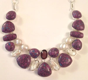 ❤️PURPLE TURQUOISE & BIWA PEARL GEMSTONE NECKLACE ~ NEW ~ SILVER ~ w/ GIFT BOX❤️ - Picture 1 of 6