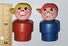 2 VTG Fisher Price Little People Angry Boys Freckle Face Sideways Hats WOOD Body