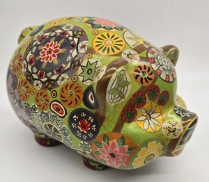 Vintage Mexican Folk Art Pottery Piggy Bank Hand Painted Hippie Boho Retro Large - Picture 1 of 9