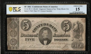 T-34 $5 1861 Confederate States Currency Civil War Banknote , PCGS 15  (AA7) - Picture 1 of 2