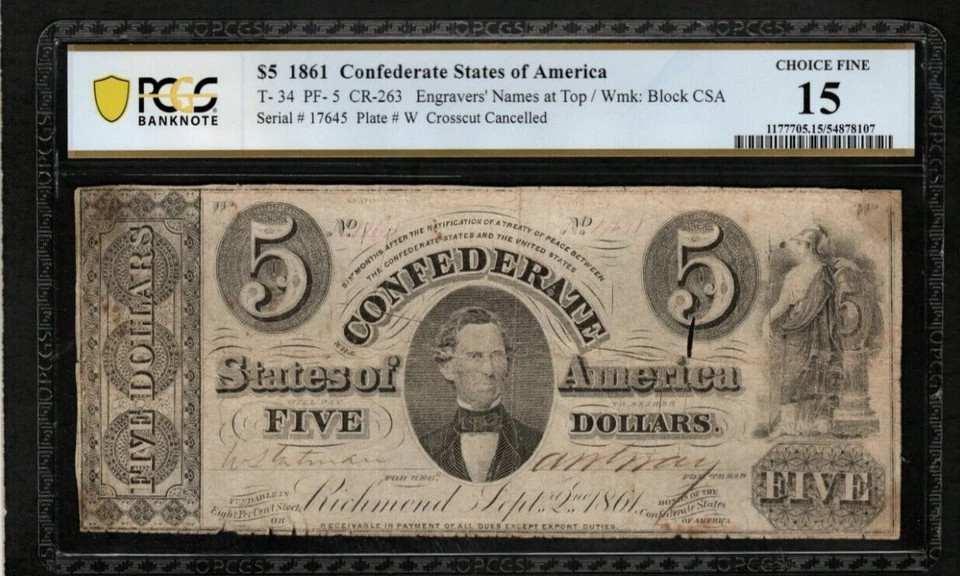 T-34 $5 1861 Confederate States Currency Civil War Banknote , PCGS 15  (AA7) - Image 1 of 2