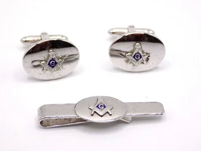 Sterling Anson Masonic Freemason Tie Clip & Cuff Links Set Jewelry Mens Vintage - Image 1 of 4