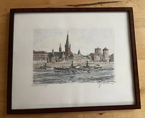 Radierung Düsseldorf Basilika St. Lambertus und Schlossturm Raddampfer signiert - Bild 1 von 5