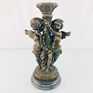 Statua portacandele angelo bronzo due cherubini con base in marmo - alta 13,5 - Foto 1 di 12