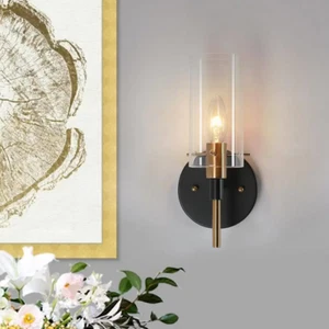 NEW Zevni Modern Light Brass Gold Sconce Black Vanity Light Clear Glass W/ Shade - Picture 1 of 3