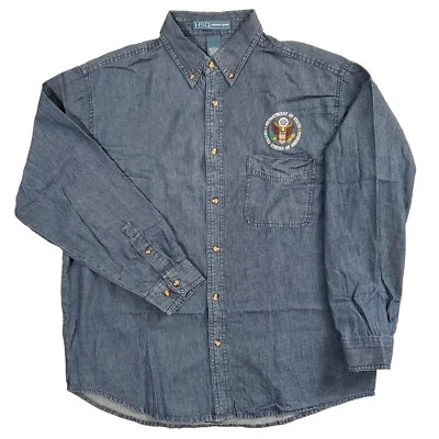 Department Of State USA Shirt Mens L Blue Denim Button Down HSQ Harvard Square - Image 1 of 4