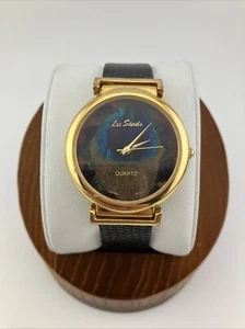 Vtg Lee Sands Ladies 35mm Watch Gold Tone Black Band Peacock Dial 6.5”-8”- RUNS - Picture 1 of 20