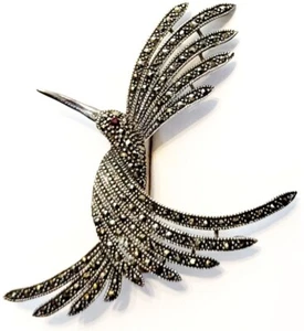 Vintage Sterling Silver Marcasite Humming Bird Brooch Marked 925 Art Deco - Picture 1 of 3