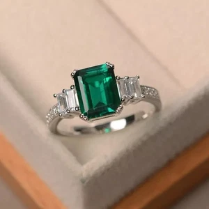 3.50 Ct Emerald Cut Lab Created Diamond Wedding Ring 14K White Gold Plated - Picture 1 of 6