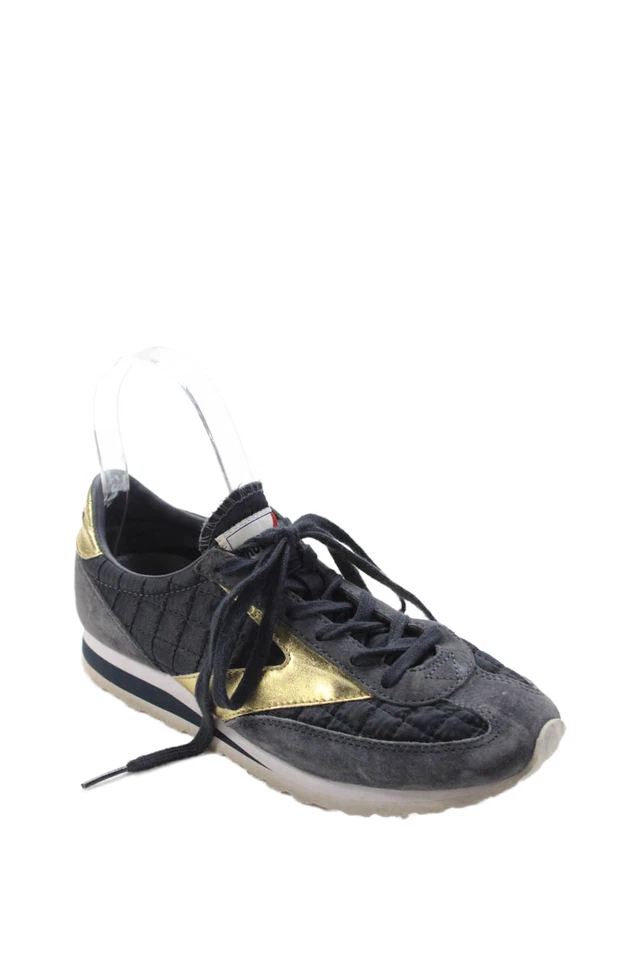 Zapatillas deportivas Brooks para mujer con cordones ribete metálico acolchadas de gamuza azul marino dorado talla 6 Foto 1 de 4