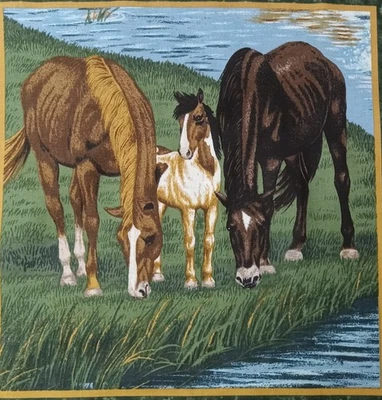Vintage ~"River Run ~ Family of Horses"~ Cotton Fabric Panel ~ 15.5"x16.25" - Image 1 of 3