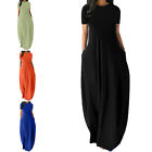 Women Short Sleeve O Neck Maxi Dress Casual Pocket Solid Long Dress Plus Size