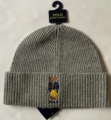 NWT Mens Polo Ralph Lauren Preppy Bear Knit Cuff Beanie Ski Hat Cap Heather Gray - Image 1 of 2