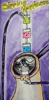 Cat Painting Siamese Original Collectible Coffee Boba Folk Art Samantha McLean - Image 1 of 4
