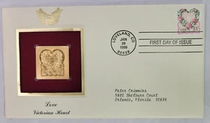 1° giorno emissione francobollo e busta oro 22kt - amore - cuore vittoriano - Foto 1 di 3