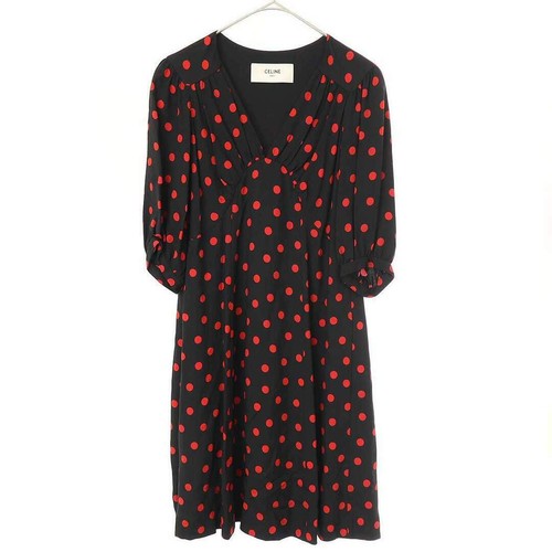 Abito Celine Drappeggio Scollo A Pois 2R378334F Nero Rosso 34 Usato0