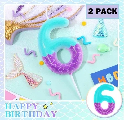 ¡PACK DE 2! Velas de Cumpleaños Sirena Número 6, Decoración de Pasteles Temática Mar Cupcake Fiesta Foto 1 de 4