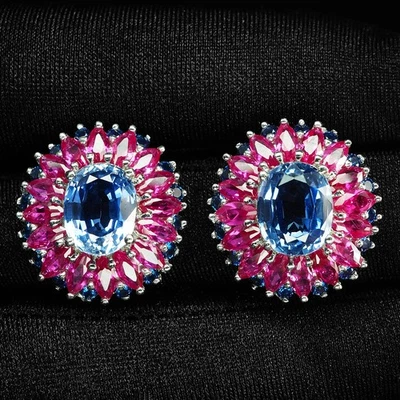 Suntuosos pendientes de oro blanco de plata de ley 925 ovalados de tanzanita azul de 9,12 quilates Foto 1 de 4