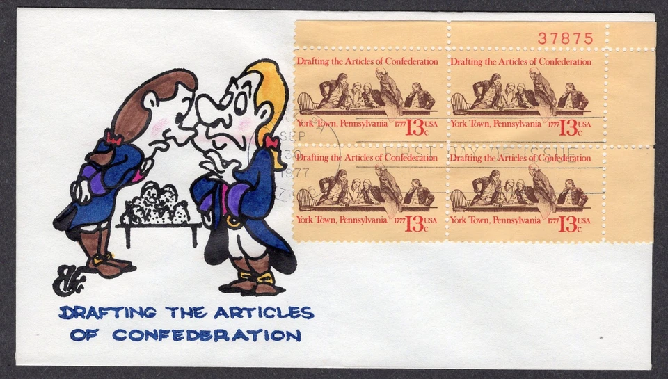 1977 Articles of  Confederation (1726)- Ellis Animated H/P Plate Block FDC QP300 - Image 1 of 1