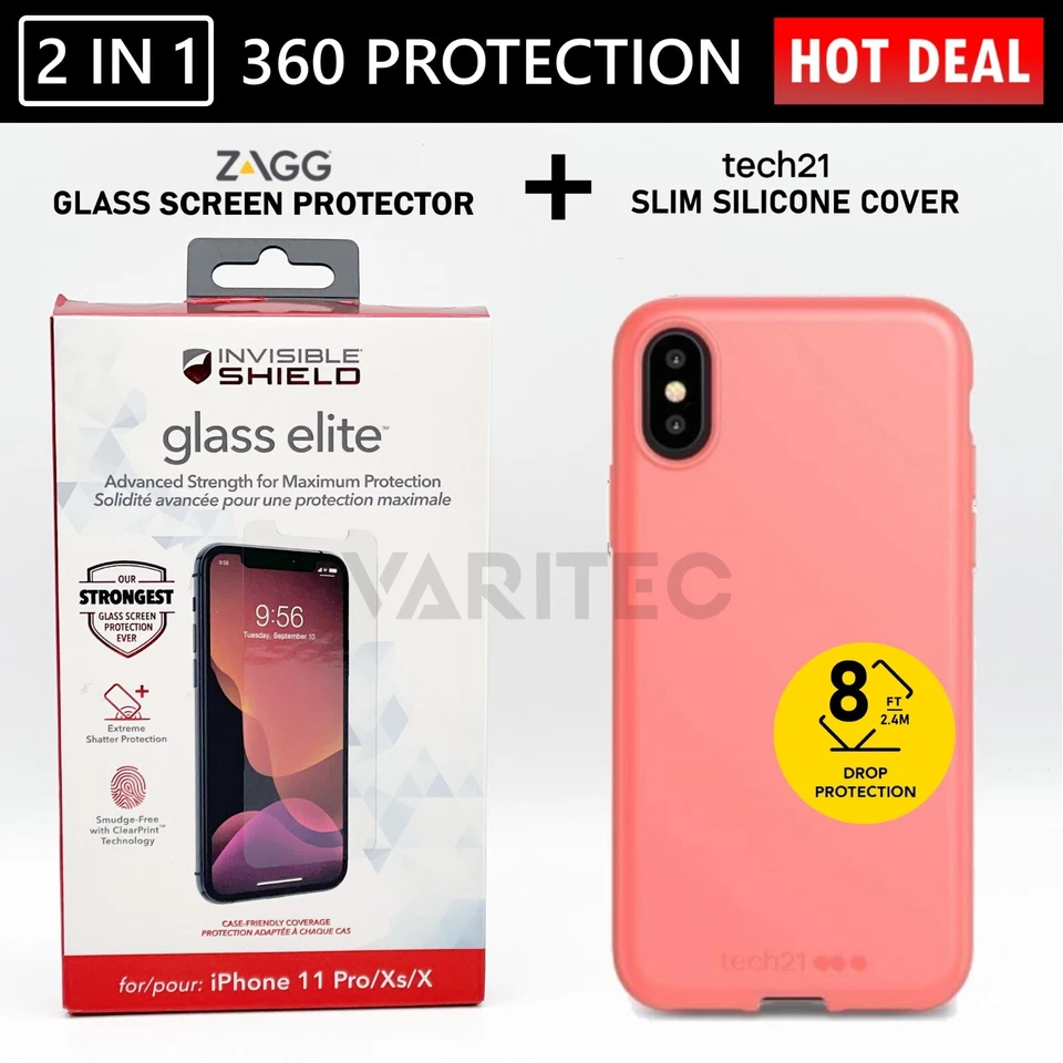 Protetor de tela de vidro Zagg X/XS + capa traseira de gel Tech21 para Apple iPhone X XS - Imagem 1 de 1