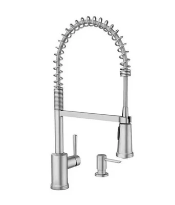 Grifo de cocina abatible de arco alto de 1 manija de acero inoxidable Indi Moen 87194SRS Indi con jabón Foto 1 de 4