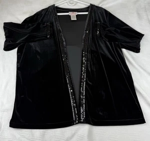 Women's Black Stretch Velvet Sequin Enbellished Long Cardigan 1X Quaker Factory - Picture 1 of 9