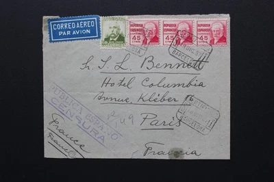 1937 SCW GUERRA CIVIL ESPAÑOLA CENSURADO CORREO AÉREO CUBIERTA DE BARCELONA A PARÍS Foto 1 de 2