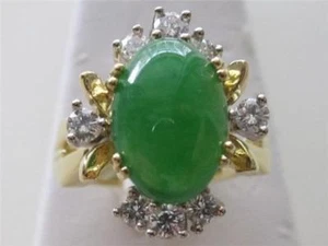 18k. Yellow/White Gold Natural Cabochon Imp. Green Jade & Diamond Ring, Vintage - Picture 1 of 10