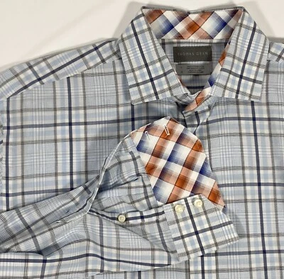 Camisa social masculina manga comprida Thomas Dean xadrez azul cinza laranja xadrez punho flip - Imagem 1 de 4