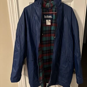 Totes Blue Rain Jacket Slicker PVC Plaid Flannel Lined Women Size S Small - Picture 1 of 14
