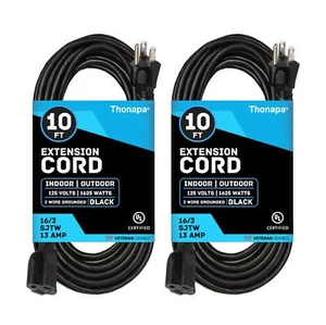 Thonapa 13 Amp Outdoor Extension Cord 10 ft 2 Pack 16/3 SJTW 10 Foot Black Ex... - Picture 1 of 6