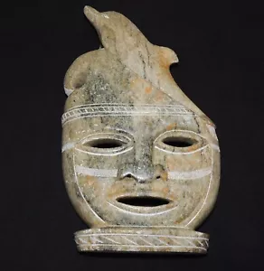 7,5 Zoll alte chinesische alte Jade/Marmor geschnitzte menschliche Krieger Gesicht & Delfin Maske Statue - Bild 1 von 13