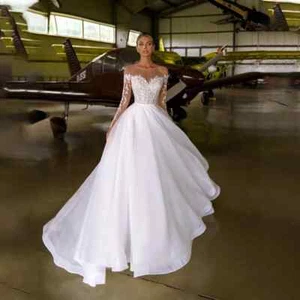 A-line Sheer Neck Long Sleeves White Wedding Dress Crystals Organza and Tulle - Picture 1 of 5