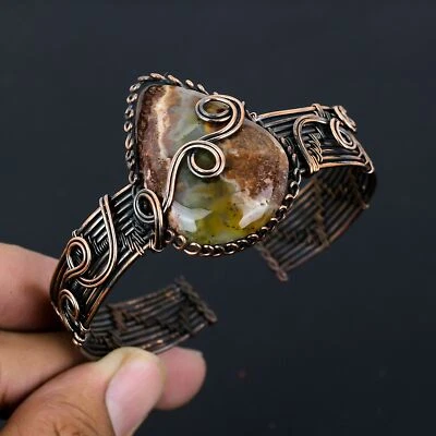 Brazalete ajustable de alambre de cobre hecho a mano con piedras preciosas de crisoprasa P400 Foto 1 de 4