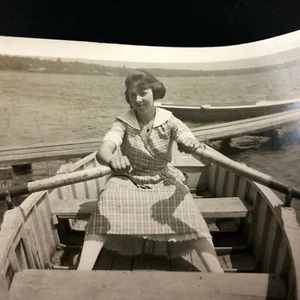Unusual VTG Row Boat Photograph Woman in Dress Rowing Wide Legs Funny Lake River - Picture 1 of 7