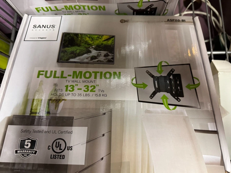 Sanus Accents Small Full Motion TV Wall Mount for 13"-32" TVs (ASF110-B1) NEW - Image 1 of 1