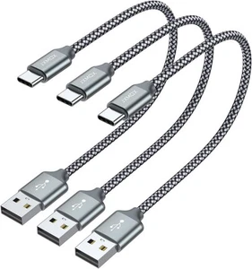 JXMOX Short USB C Cable (1ft 3-Pack), A to Type-C Charger Cord 1ft, Grey - Afbeelding 1 van 6