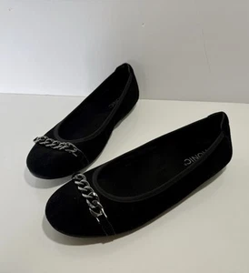 VIONIC PERA BALLET FLATS WOMENS 10 CHAIN ACCENT SUEDE SHOES BLACK SLIP ON - Picture 1 of 10